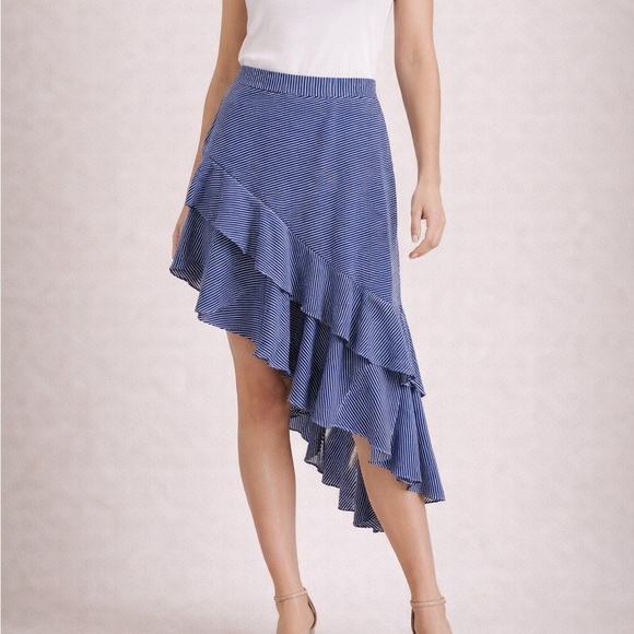 a new day Dresses & Skirts - Asymmetrical Skirt Blue Pin Stripe tiered ruffles size L